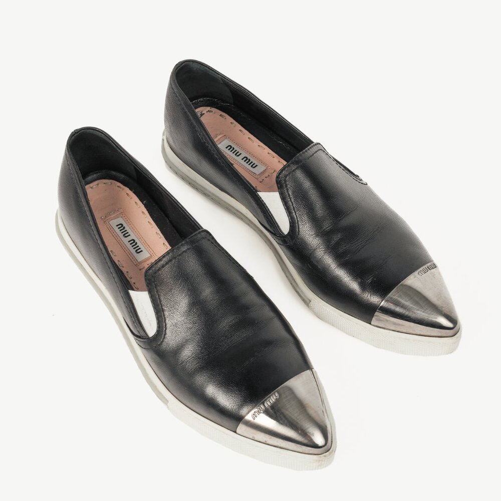 Miu Miu Black Metal-Cap-Toe Slip-On Sneakers